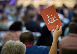 7 September 2022, Karlsruhe, Germany: Sarah Bach, a delegate from The United Methodist Church in Switzerland, speaks during a plenary session of the World Council of Churches' 11th Assembly in Karlsruhe.The August 31-September 8 Assembly focuses on