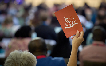 7 September 2022, Karlsruhe, Germany: Sarah Bach, a delegate from The United Methodist Church in Switzerland, speaks during a plenary session of the World Council of Churches' 11th Assembly in Karlsruhe.The August 31-September 8 Assembly focuses on