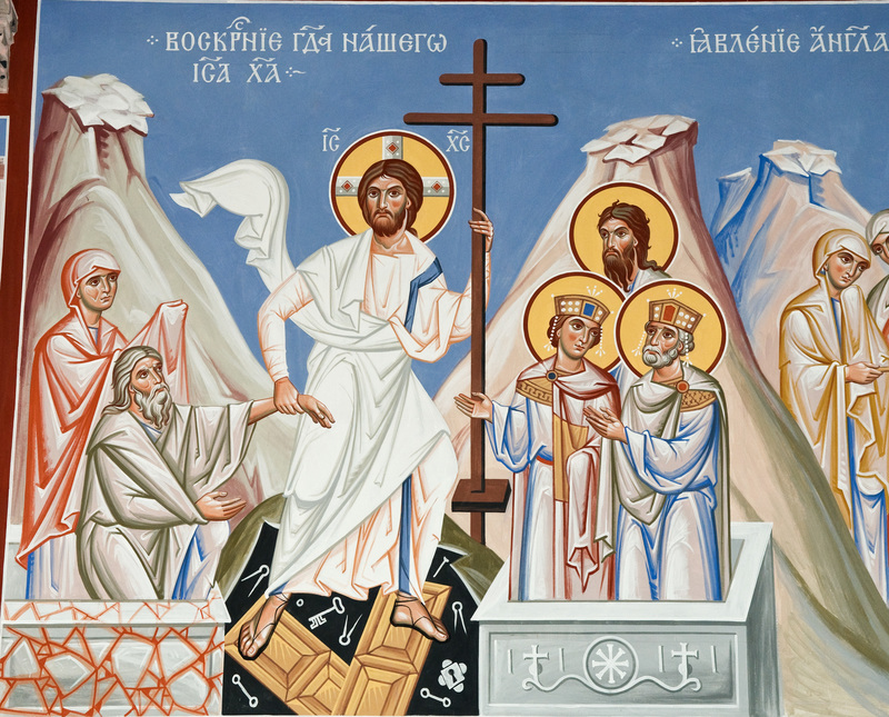 Auferstehungsikone, Wandmalerei in der russisch-orthodoxen Kathedrale; Jesus, Auferstandener