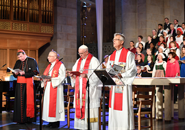 Kurt Cardinal Koch, President Pontifical Council for Promoting Christian Unity; Bishop Munib Younan, President of the Lutheran World Federation; Pope Francis  Reverend Martin Junge, General Secretary of the Lutheral World Federation